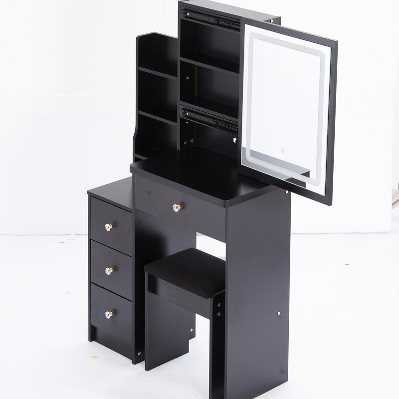 Small Sized Vanity Table With Led Mirror, Adjustable Brightness & Three Color Choices, Cushioned Stool, Space Optimizing Furniture Left Bedside Cabinet Comfortable Seat Touchable 3 Options