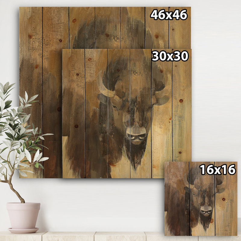 Into the Wild Gold Buffalo - impression de campagne moderne sur bois de pin naturel, H 16 po x l 16 po x P 1 po