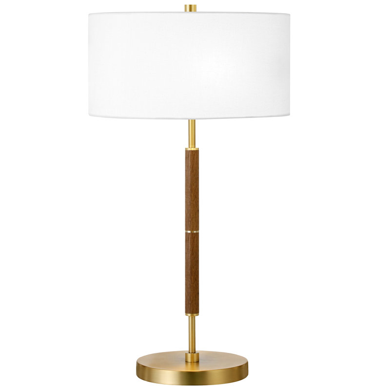  Simone 25" Tall 2-Light Table Lamp with Fabric Shade in Rustic Oak/Brass/White, Rustic Oak/Brass