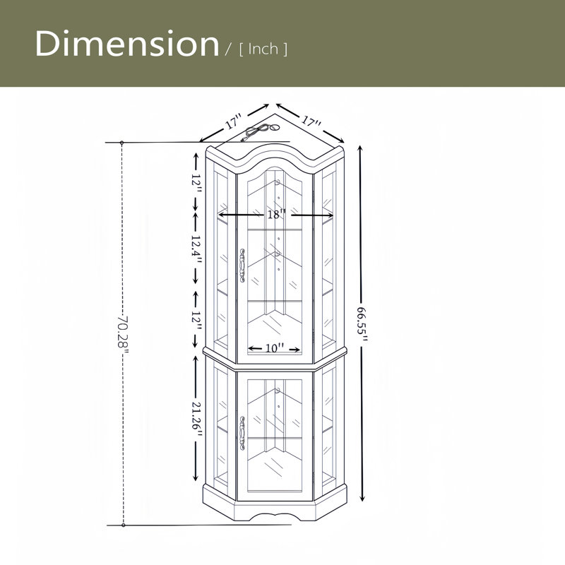 Vitrine de coin lumineuse avec portes et tablettes en verre trempé - rangement élégant en chêne pour le salon, Cerisier