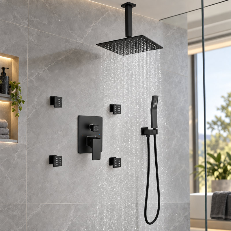 Système de douche à fixation plafond noir mat, pomme de douche carrée effet pluie de 25 cm avec douchette et 4 jets corporels, robinetterie à pression équilibrée incluse, ensemble de robinetterie de douche de luxe pour salle de bain