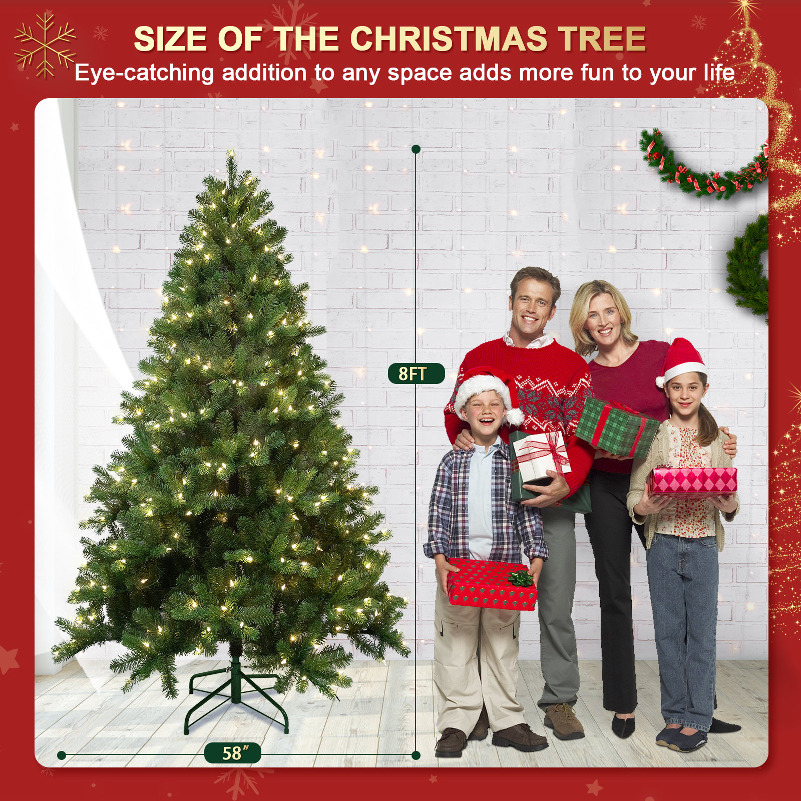 Prelit Artificial Christmas Tree, Warm White Lights And PE&PVC Mixed Branch Tips, 8ft H