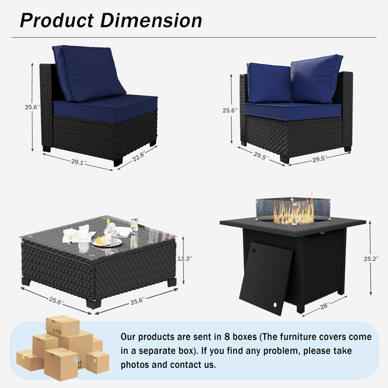 Pre-Assembled Chairs, 12-Person Patio Furniture Set Rattan Outdoor Sectional Conversation Sofa Seating Group With Propane Fire Pit Table