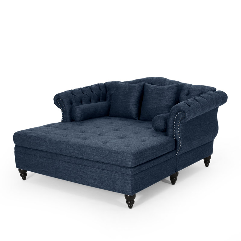 Lamm Tufted Upholstered Chaise Lounge with Rolled Arms and Nailhead Trim, Navy Blue