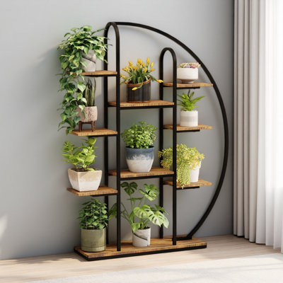 Support à plante d'intérieur en métal de 62,2 pouces de hauteur avec lumières de croissance, étagère à plantes en forme de lune à 9 niveaux avec lumière DEL, grand support à plante à fleurs multi-niveaux