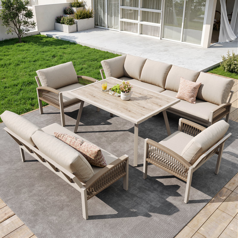 6-piece Outdoor Sofa Set - Galvanized Iron Frame, Uv-resistant Rope, Adjustable Legs, Thick Cushions, Beige, Beige