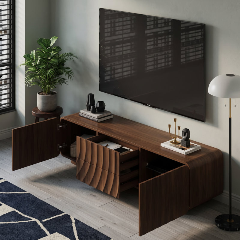 Meuble télé 58 po en bois avec rangement, console de télévision avec 2 tiroirs et portes d'armoire, centre de divertissement avec motif sculptural Wave