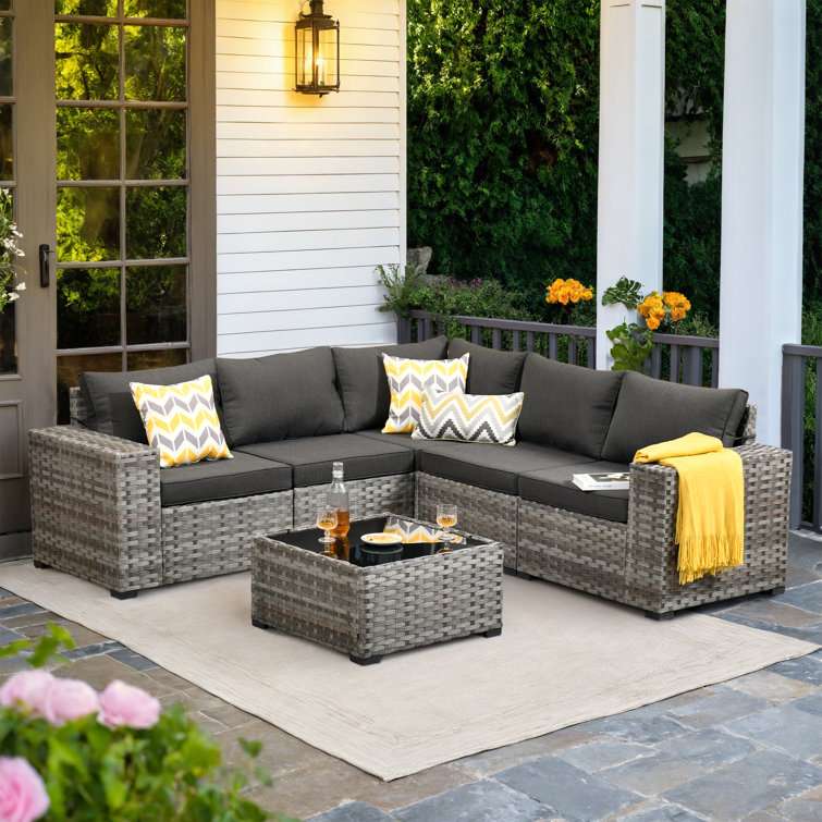 Baili 5 - Person Outdoor Wicker Sectional Seating Group with Cushions, Modern Modular Rattan Conversation Set, Patio Furniture Set with Wide Armrest