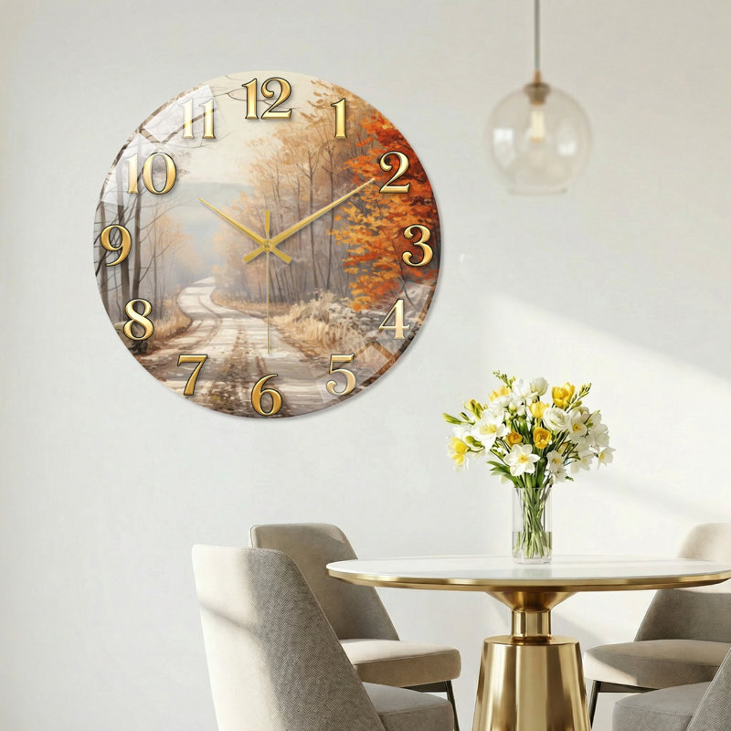"Autumn Path", horloge murale en verre, 40 x 40 cm (15,7 x 15,7 pouces)