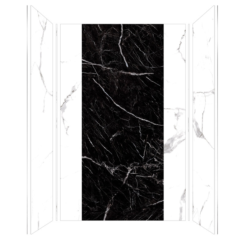 Titan Eco 60" W x 36" D x 96" H Two-Tone 3-Piece Trimmable Shower Wall Panel Kit, White Caruso / Black Caruso High Gloss