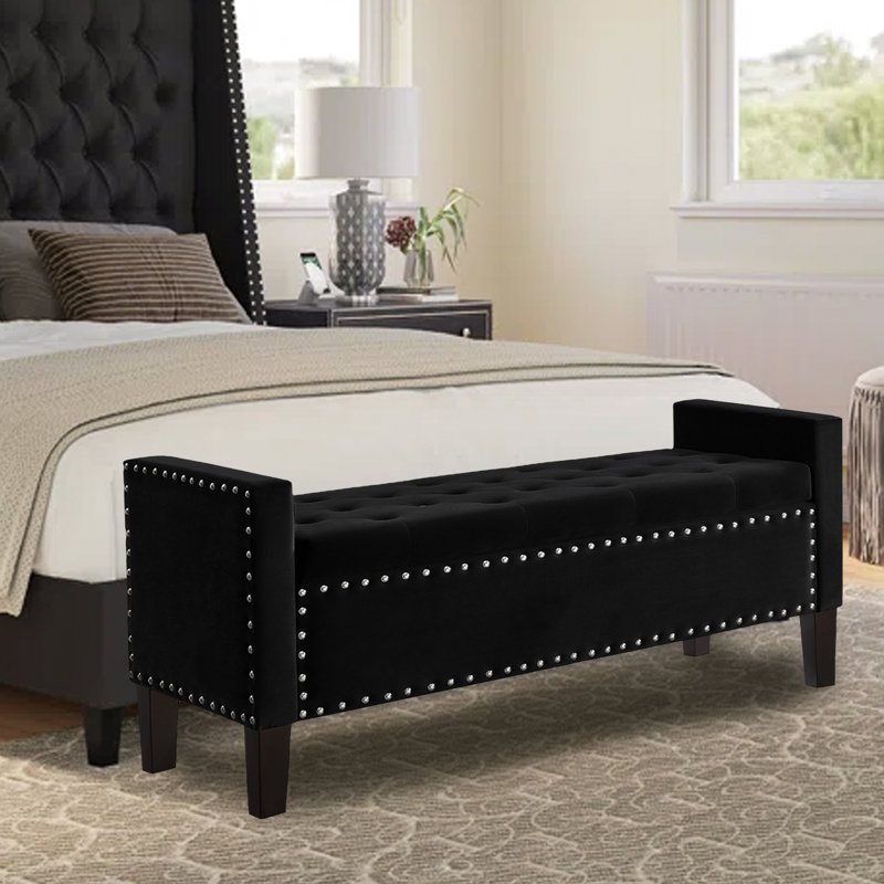 Velvet Upholstered Storage Bench, Black