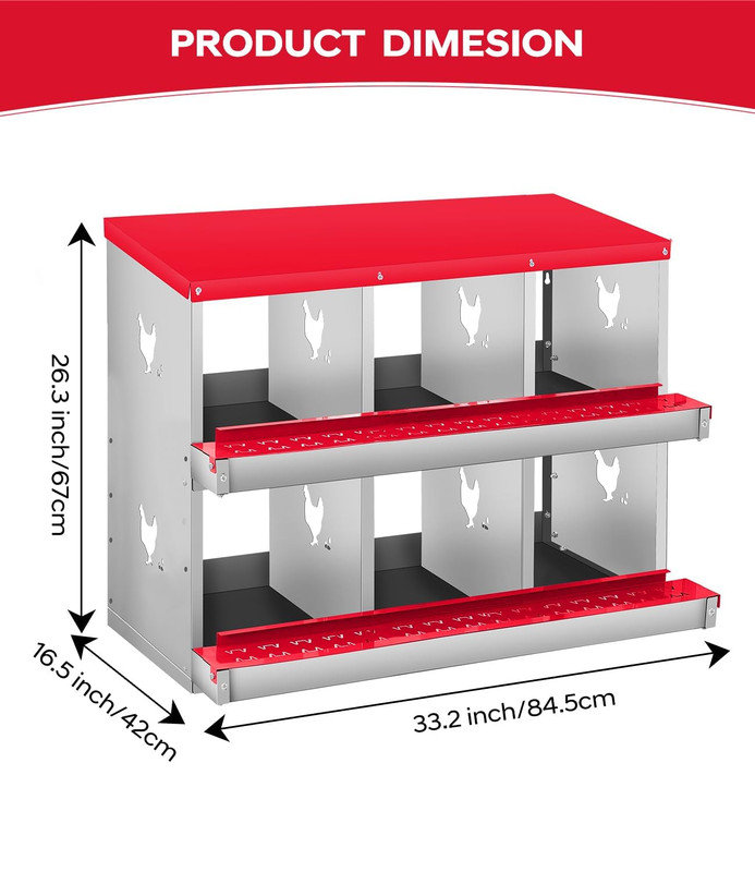 6-Compartment Metal Chicken Nesting Box – Secure Egg Laying, Easy-Clean Design, Space-Saving (84.5cm x 42cm), Red/White