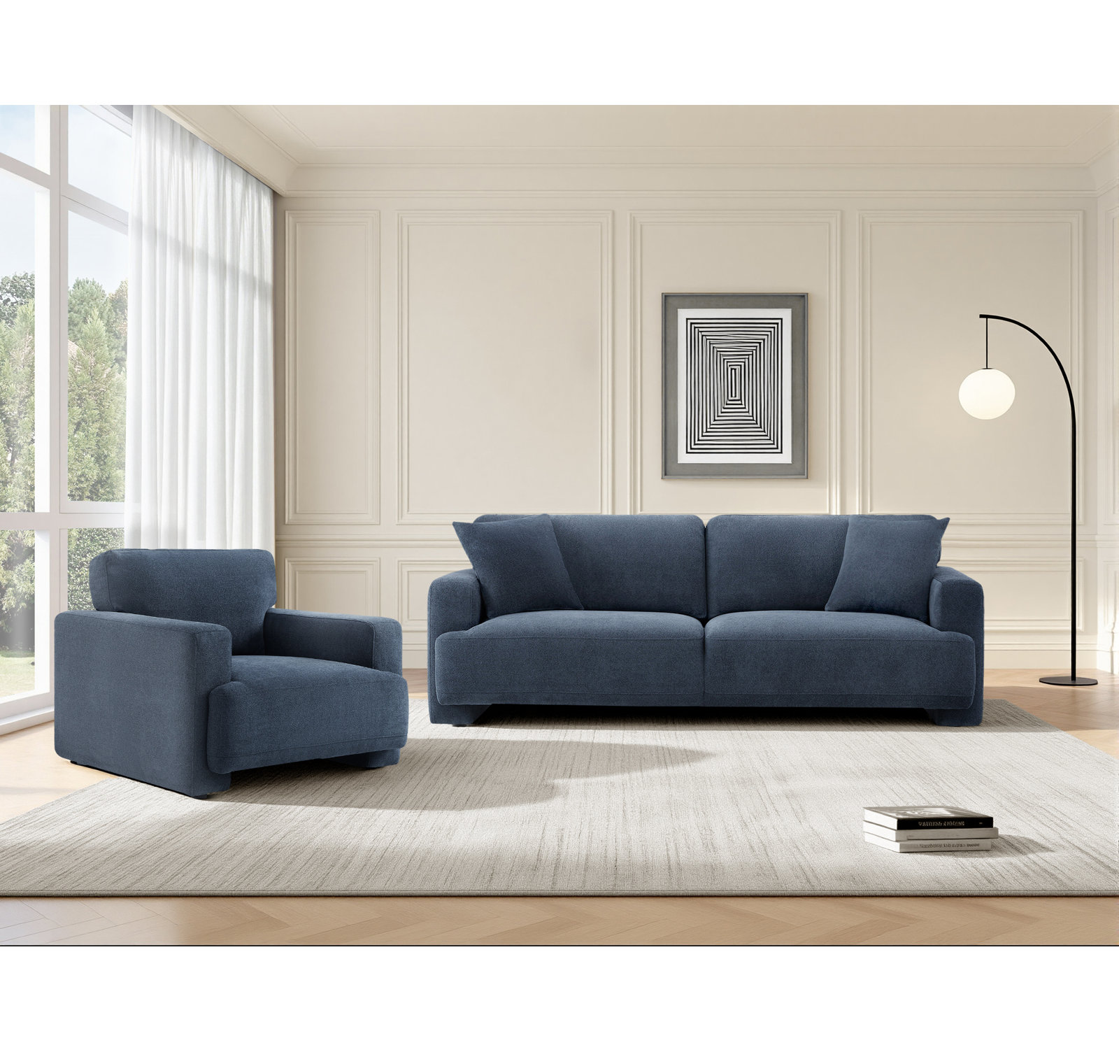 Ives 2-Piece Velvet Living Room Set, Elite Indigo Polyester