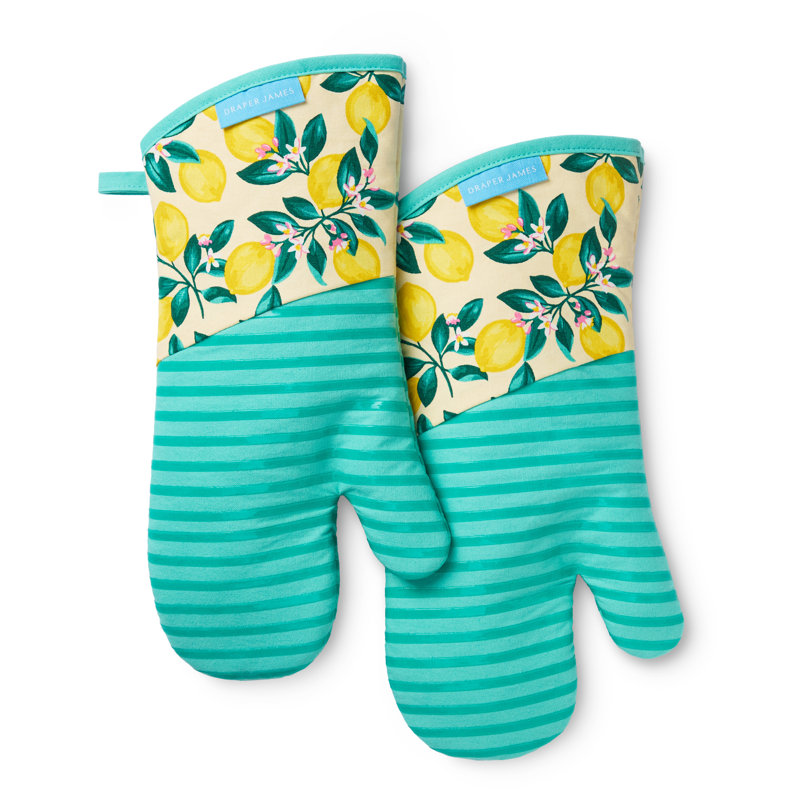 DRAPER JAMES Lemon Blossom Oven Mitt 2-Pack Set, Heat Resistant & Non-Slip Silicone Grip, Yellow/Green, 7"x14"